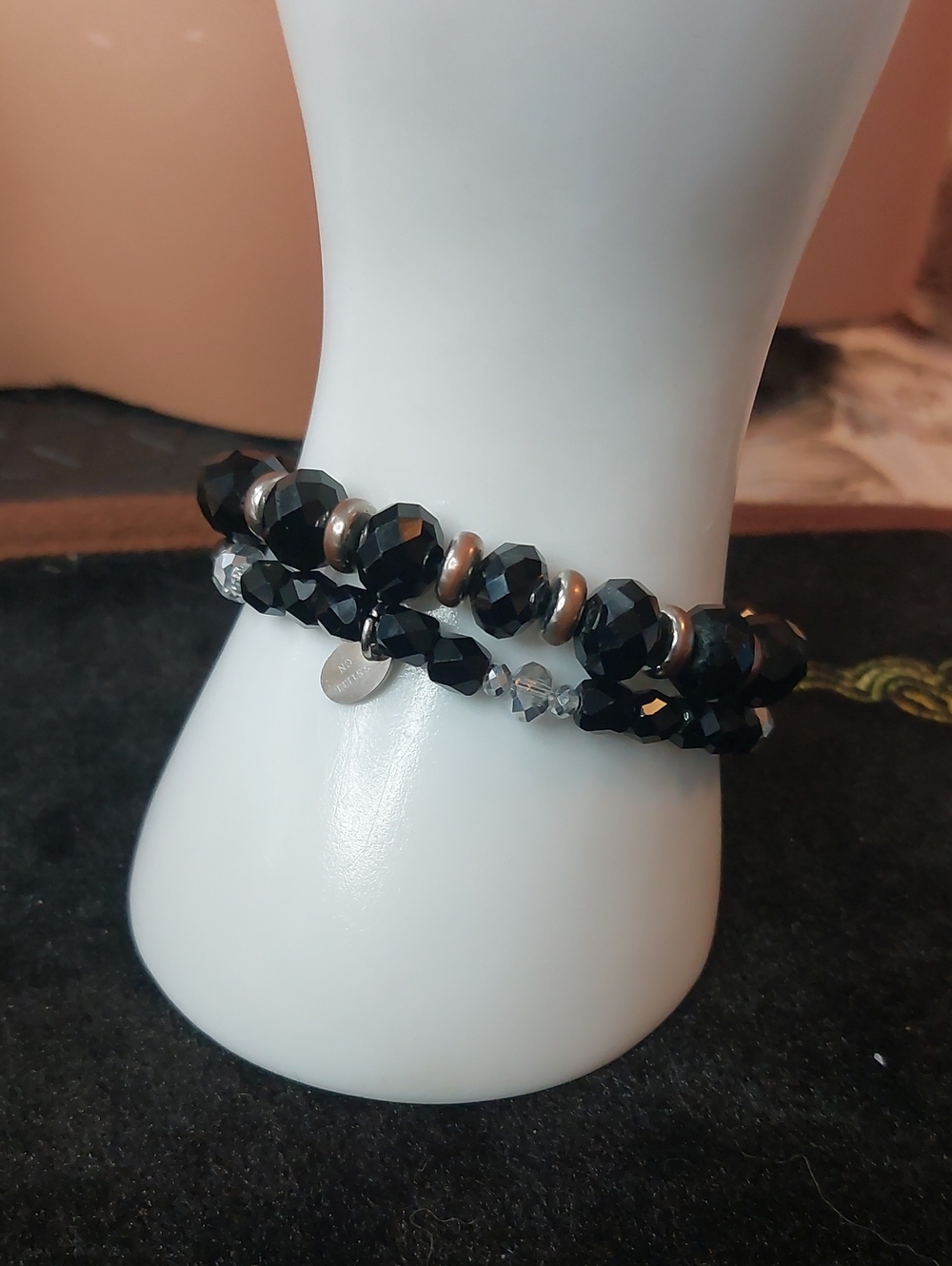 Tocara Signed Black Faceted Beaded Stretch Bracelet Set Stack 2 Pc Silver Accent